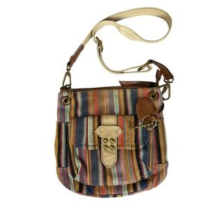 Vintage Fossil Long Live Crossbody Purse Bag Striped Brown Multi Canvas Boho